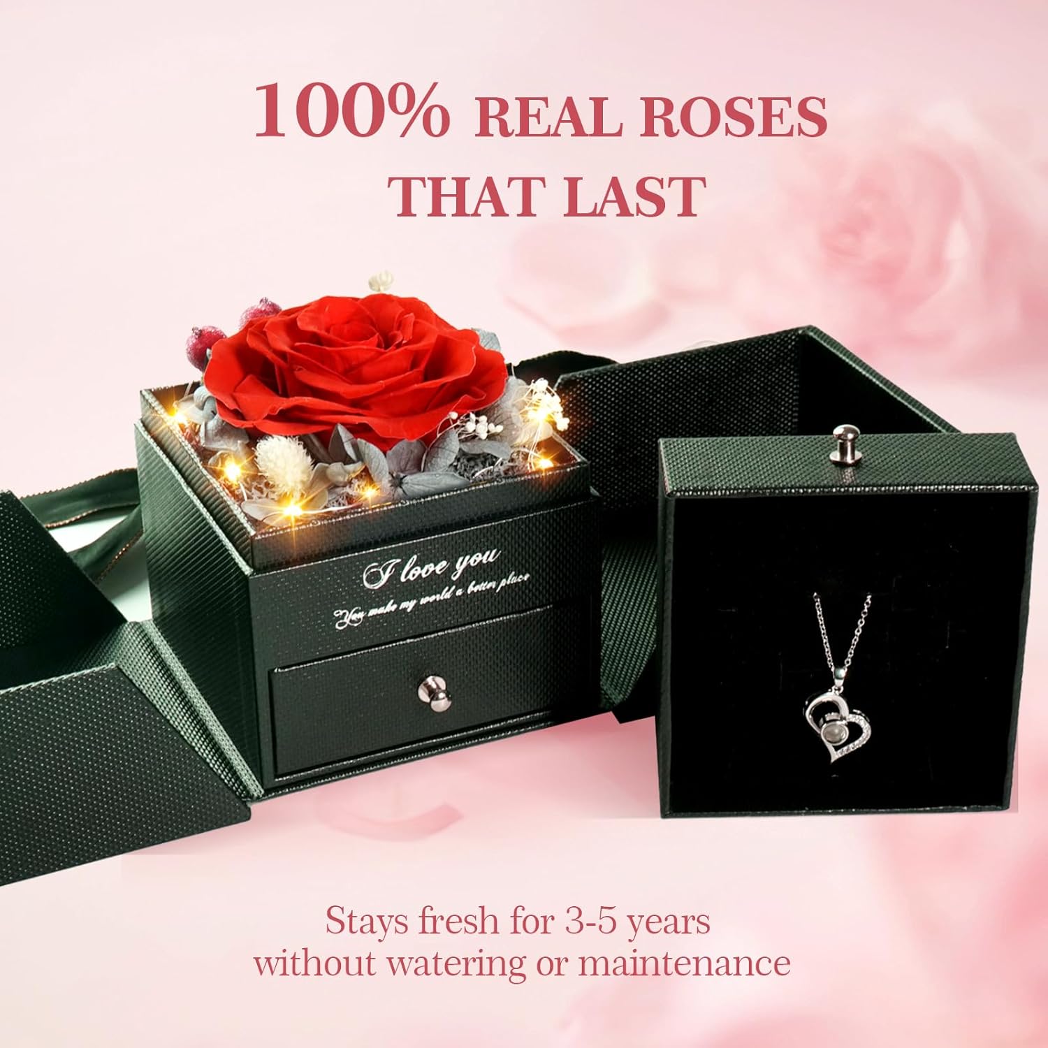 Eternal Love: Preserved Real Roses Heart Necklace - I Love You in 100 Languages, Perfect Romantic Gift for Her on Any Special Occasion