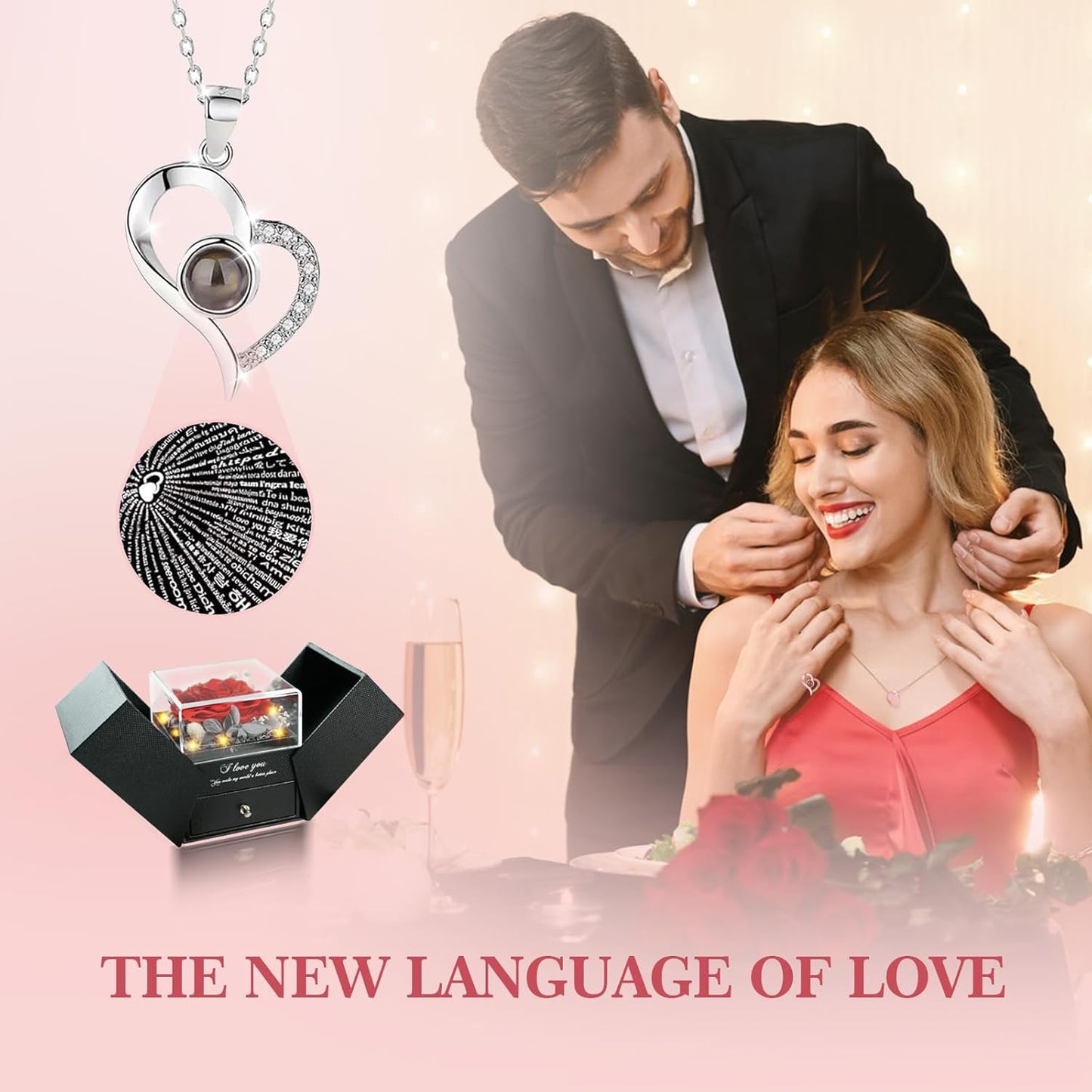 Eternal Love: Preserved Real Roses Heart Necklace - I Love You in 100 Languages, Perfect Romantic Gift for Her on Any Special Occasion