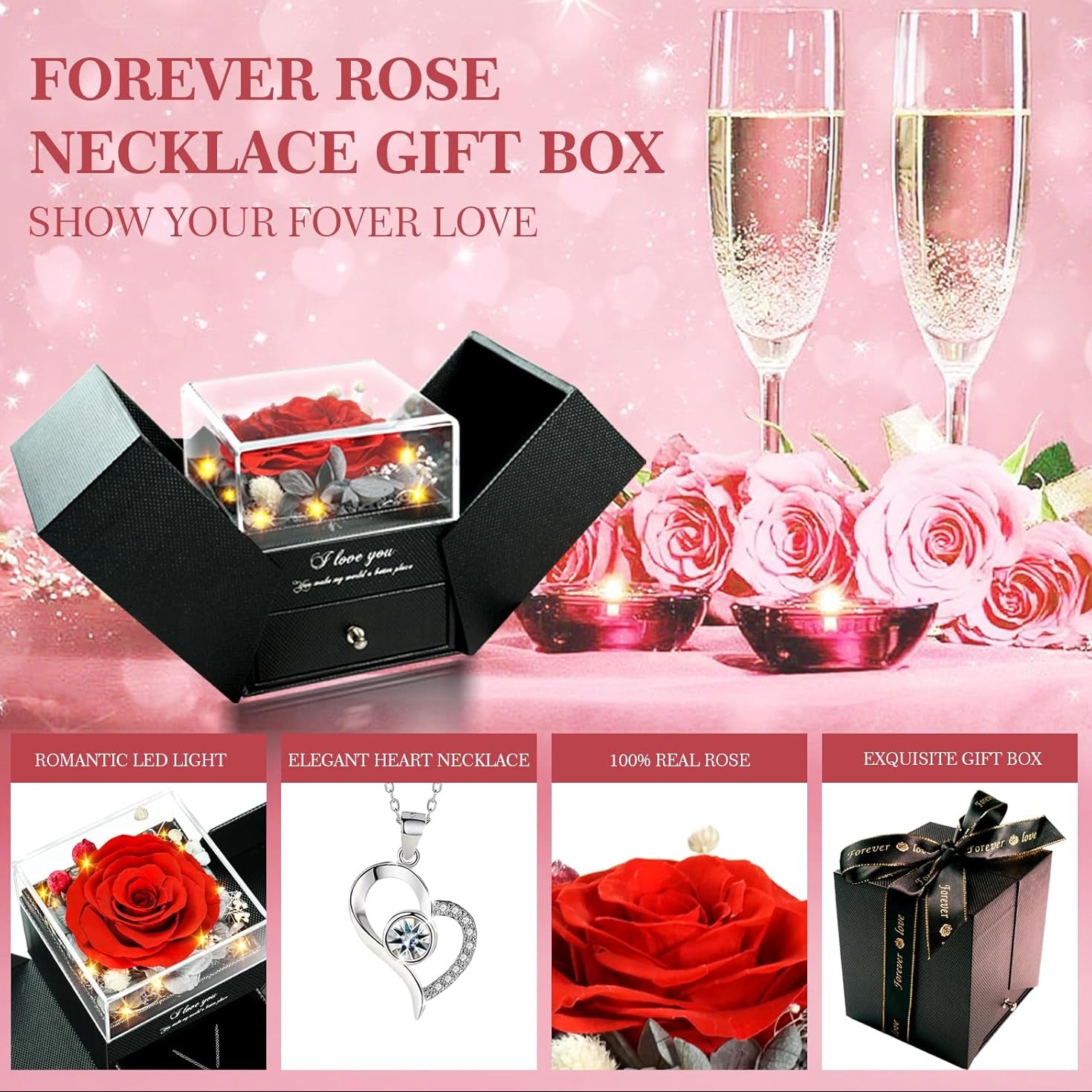 Eternal Love: Preserved Real Roses Heart Necklace - I Love You in 100 Languages, Perfect Romantic Gift for Her on Any Special Occasion